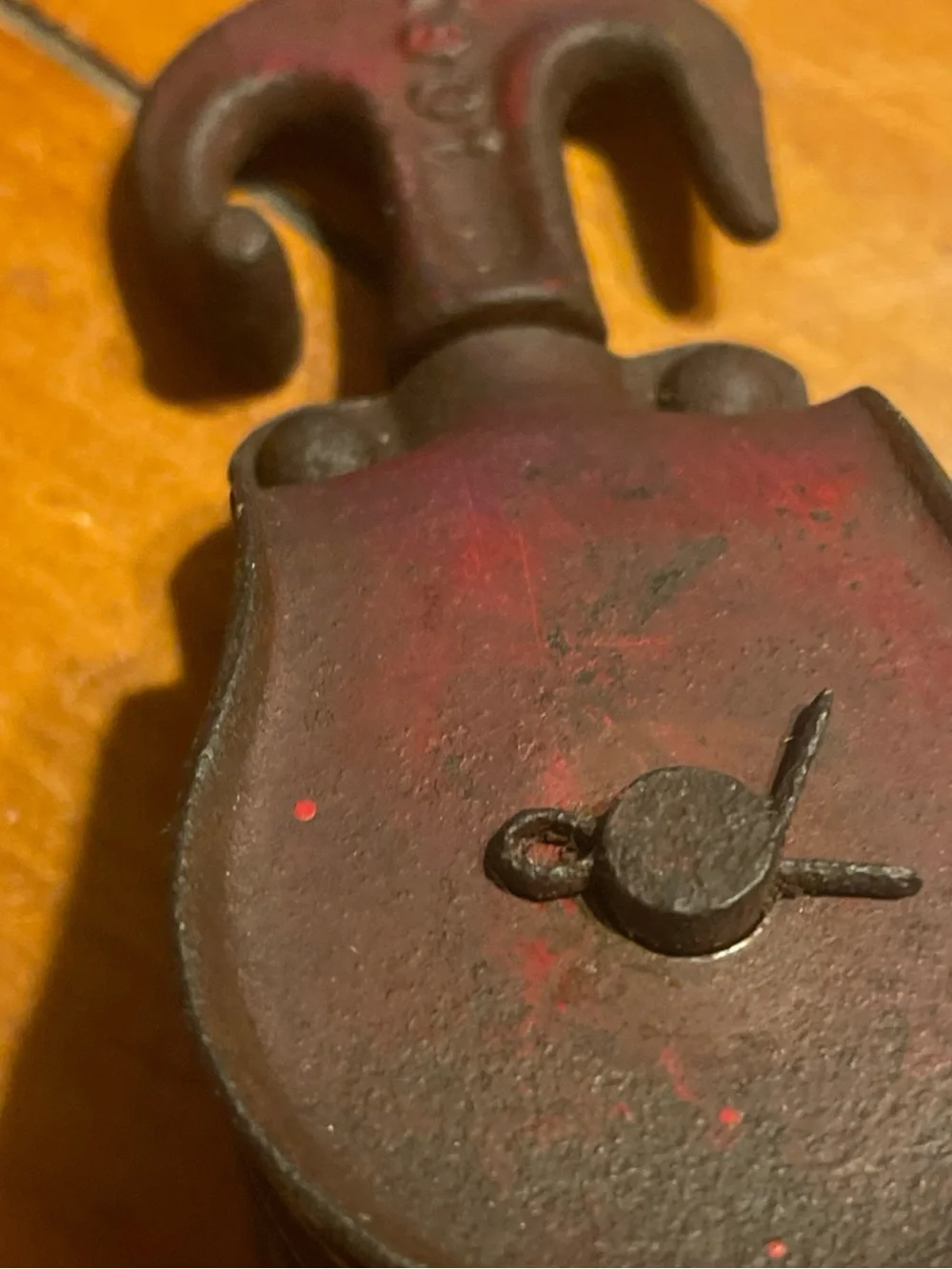 Vintage Red Iron pulley Decor with arrow with tie off Cleat